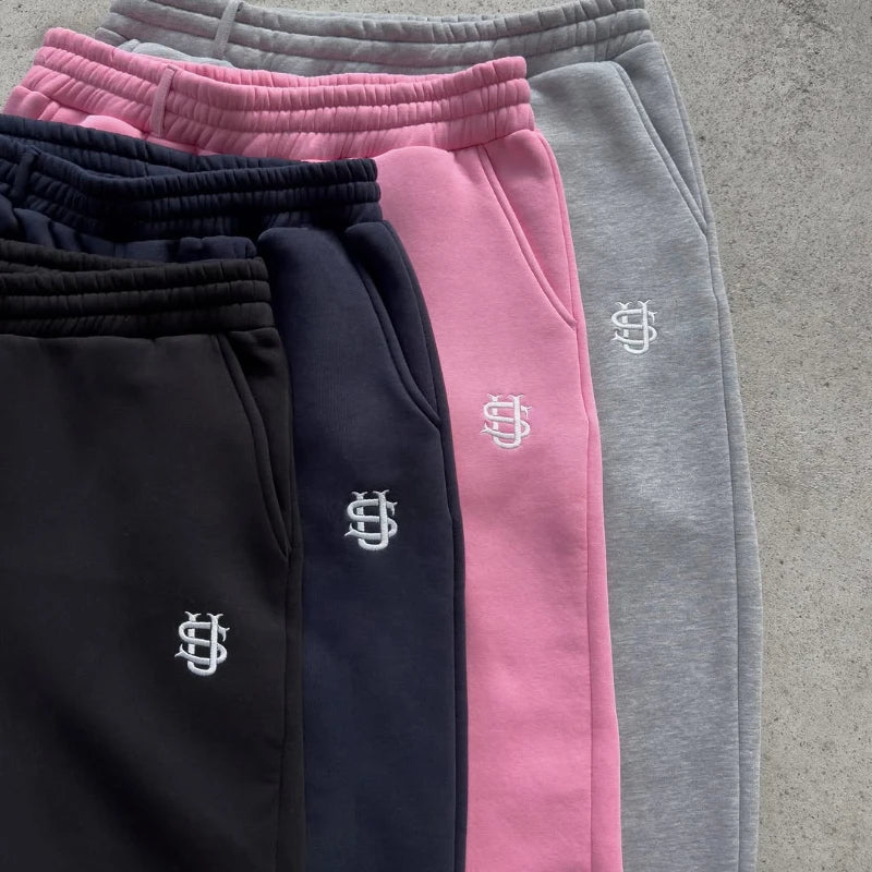 Trendy Embroidery Casual Loose Wide Leg Pants Y2K Harajuku Retro Street Wear Solid Color Sweatpants Men Women Straight Leg Pants