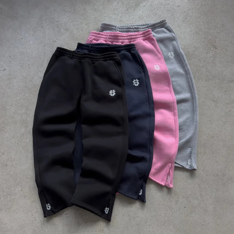 Trendy Embroidery Casual Loose Wide Leg Pants Y2K Harajuku Retro Street Wear Solid Color Sweatpants Men Women Straight Leg Pants