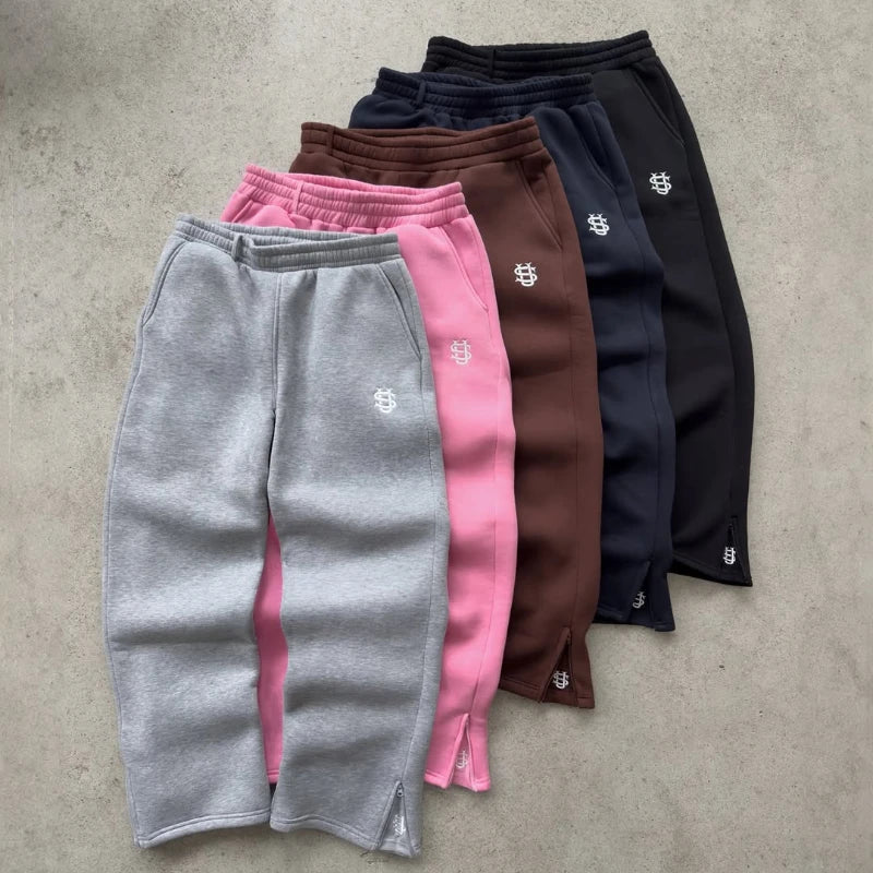 Trendy Embroidery Casual Loose Wide Leg Pants Y2K Harajuku Retro Street Wear Solid Color Sweatpants Men Women Straight Leg Pants